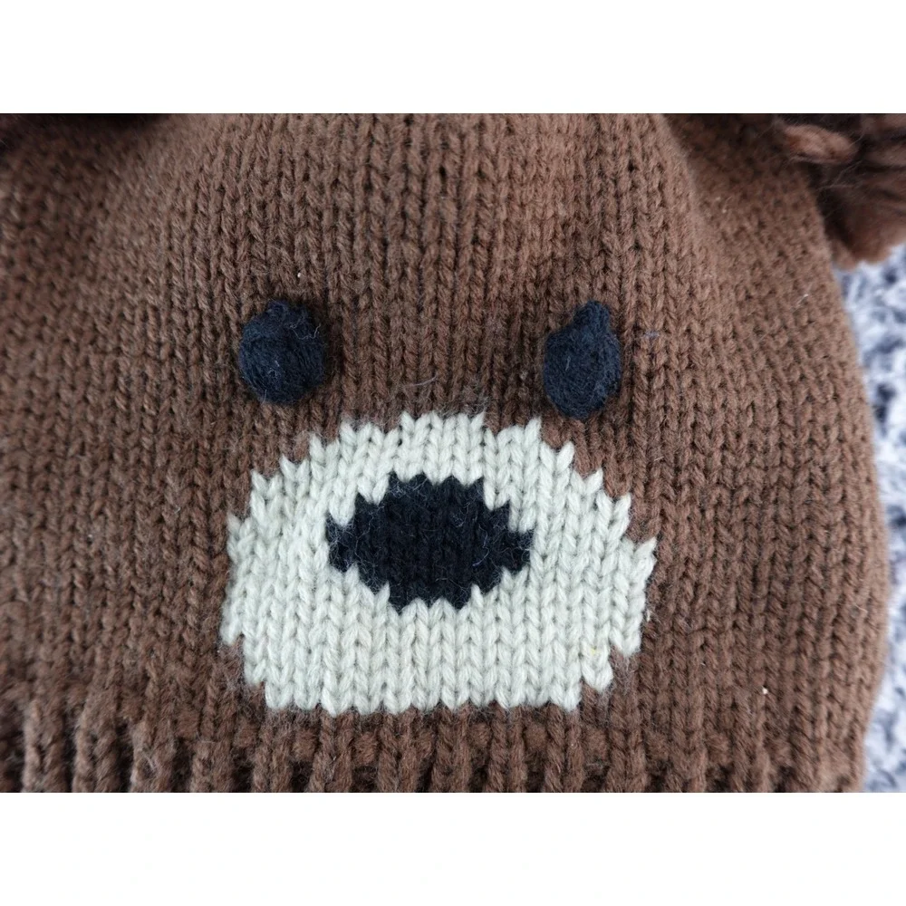 Kids Bear Face Knit Beanie‎ Hat with Pom Pom Ears Brown OSFM